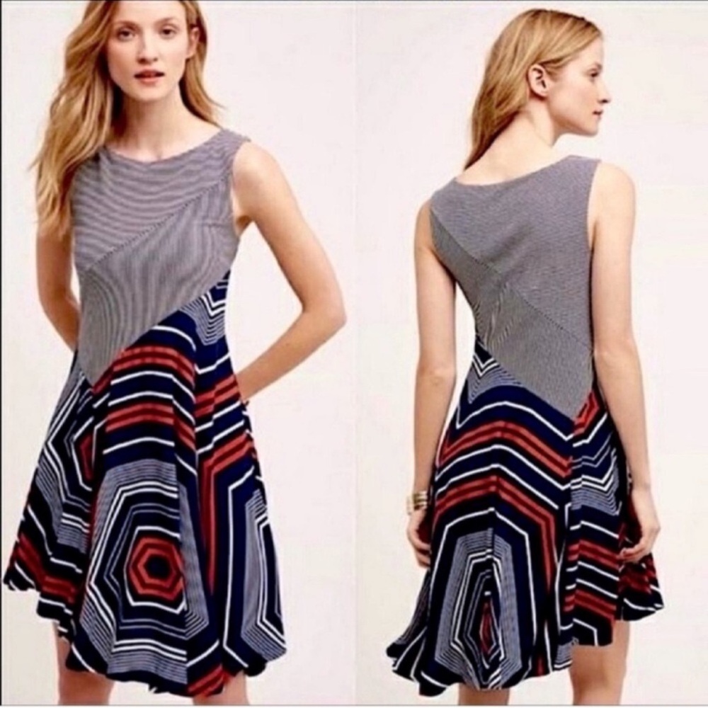Anthropologie Cameron Swing Asymmetrical Dress Blue, Red, Geometric Midi M